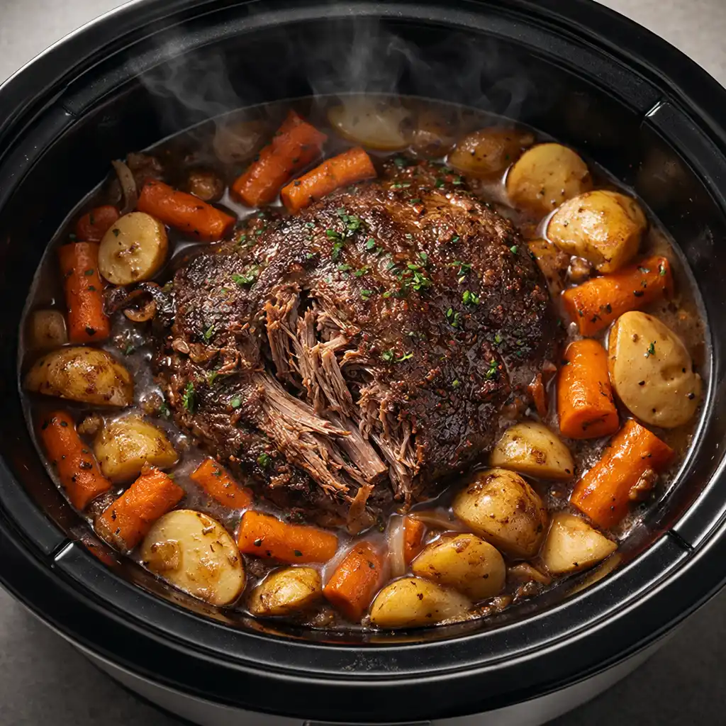 Crock-Pot 7 Quart Slow Cooker sitting on a kitchen counter next to fresh ingredients
