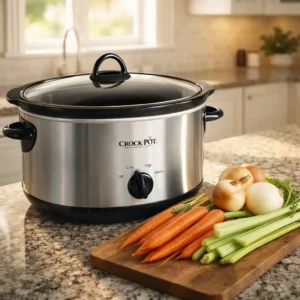 Crock-Pot 7 Quart Slow Cooker sitting on a kitchen counter next to fresh ingredients