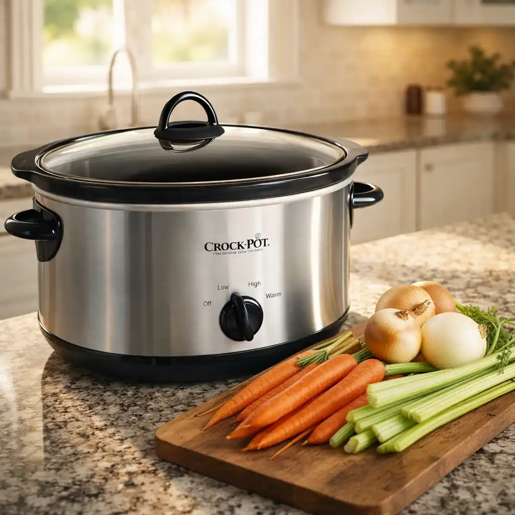 Crock-Pot 7 Quart Slow Cooker sitting on a kitchen counter next to fresh ingredients
